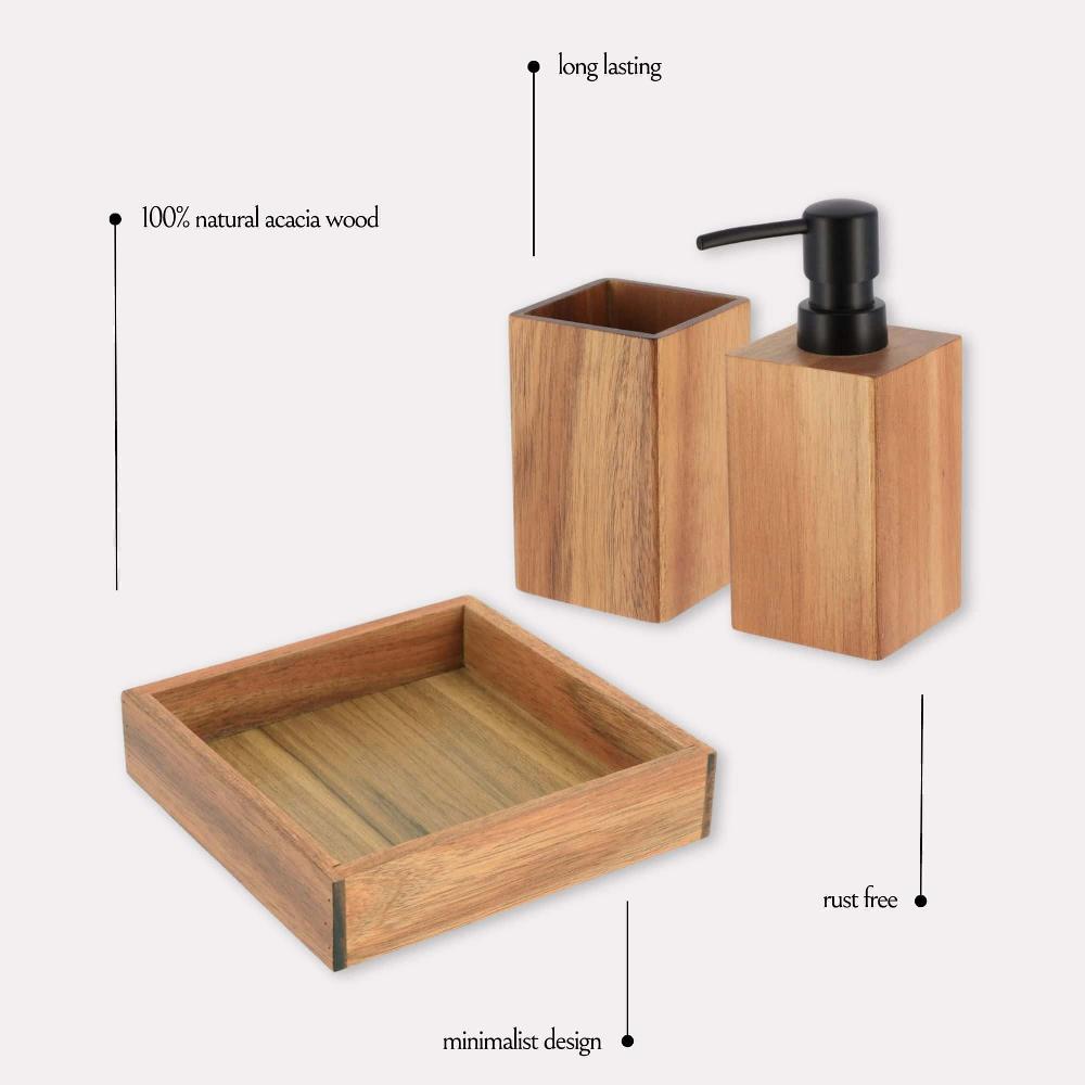 Evideco Acacia Bathroom Accessory Set 3-Pieces Square Bathroom Accessories Bath Coordinate Sets