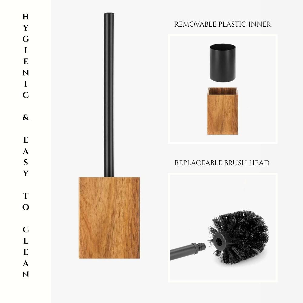 Evideco Acacia Square Toilet Brush And Holder Set Brown Toilet Seats & Accessories Toilet Brushes
