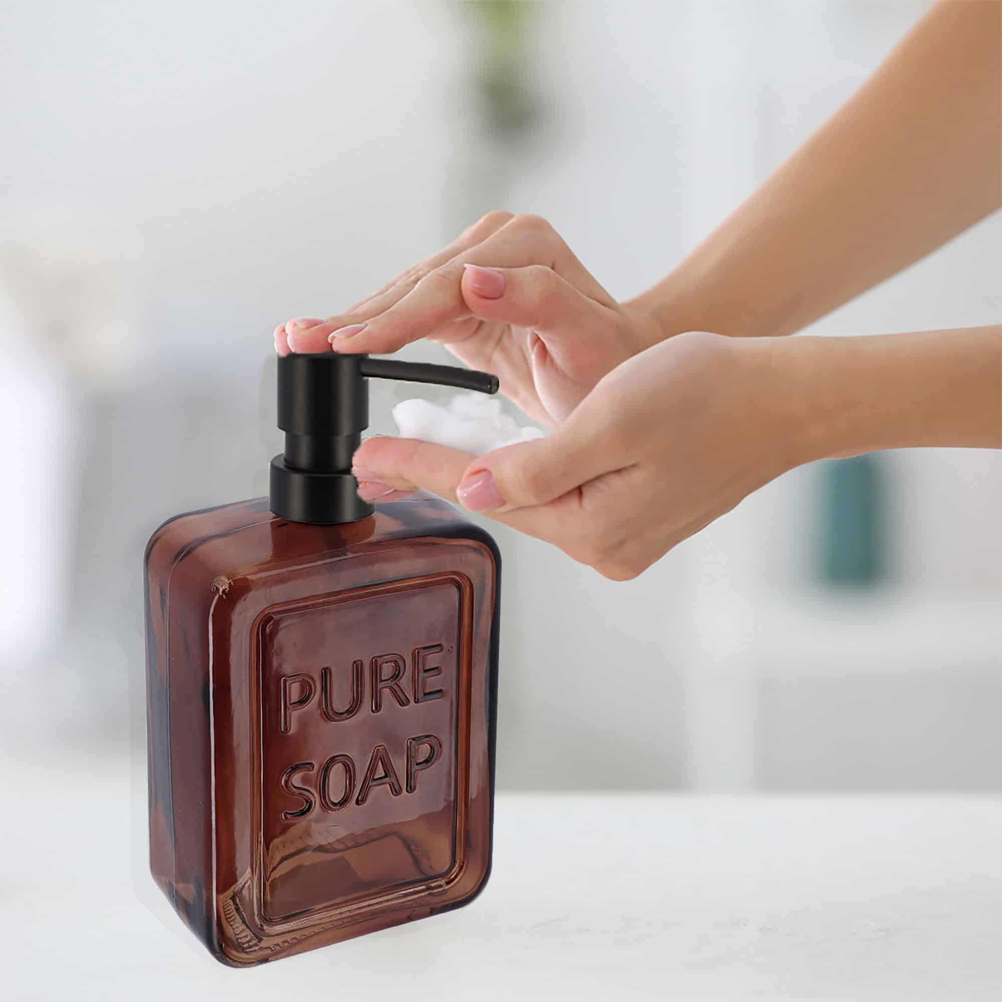 Evideco Amber Glass Soap Dispenser PURE SOAP 18 FL OZ Bathroom Accessories Soap & Lotion Dispensers