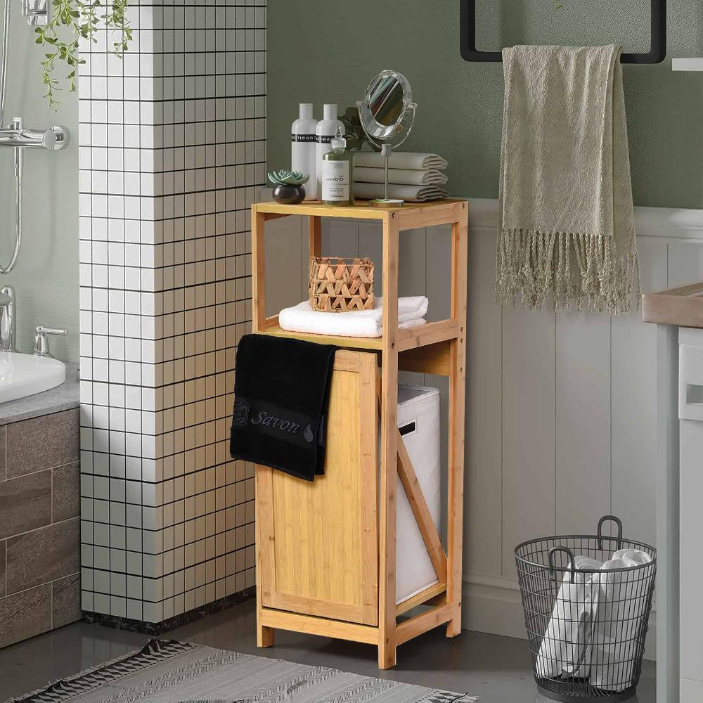 evideco Bamboo Laundry Cabinet with Removable Hamper Open Shelf and Tilt-Out Design – Mahe Collection Bathroom Storage & Furniture Laundry Hampers