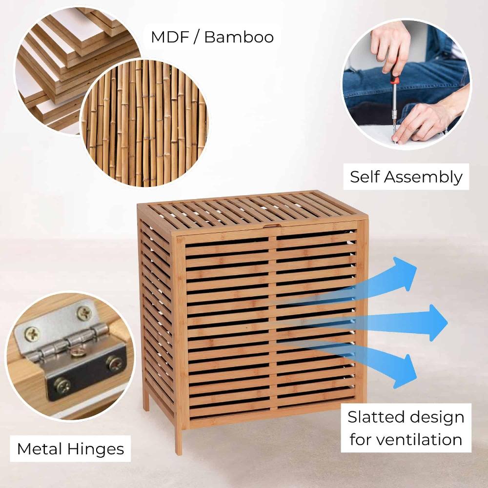 Evideco Bamboo Laundry Hamper With Lid Removable Bag Slatted Ventilation Design Large Storage Basket Bathroom Storage & Furniture Collection Stockholm