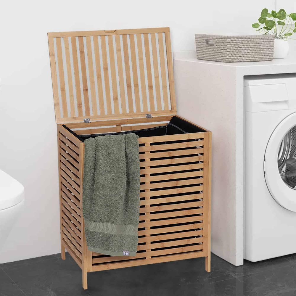 Evideco Bamboo Laundry Hamper With Lid Removable Bag Slatted Ventilation Design Large Storage Basket Bathroom Storage & Furniture Collection Stockholm