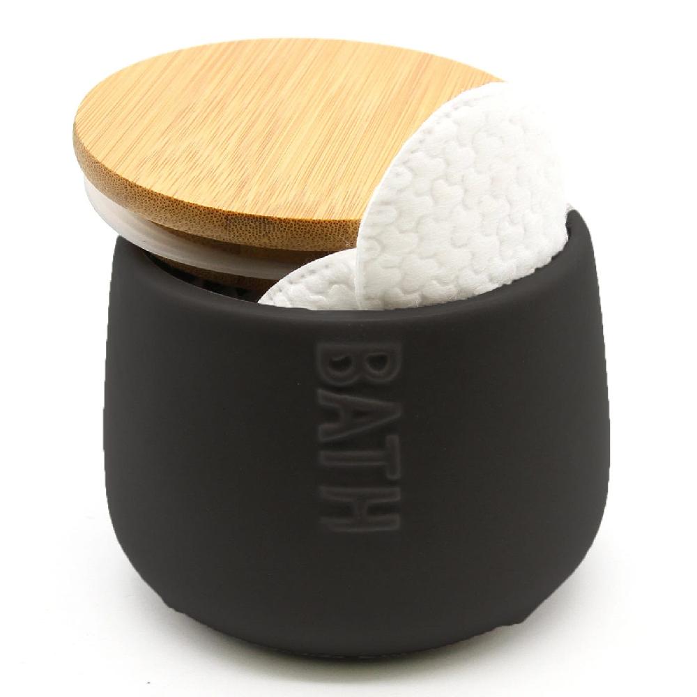 evideco Bath D Dolomite Round Cotton Box Black-Bamboo Top Bathroom Accessories Cosmetic & Vanity Organizers