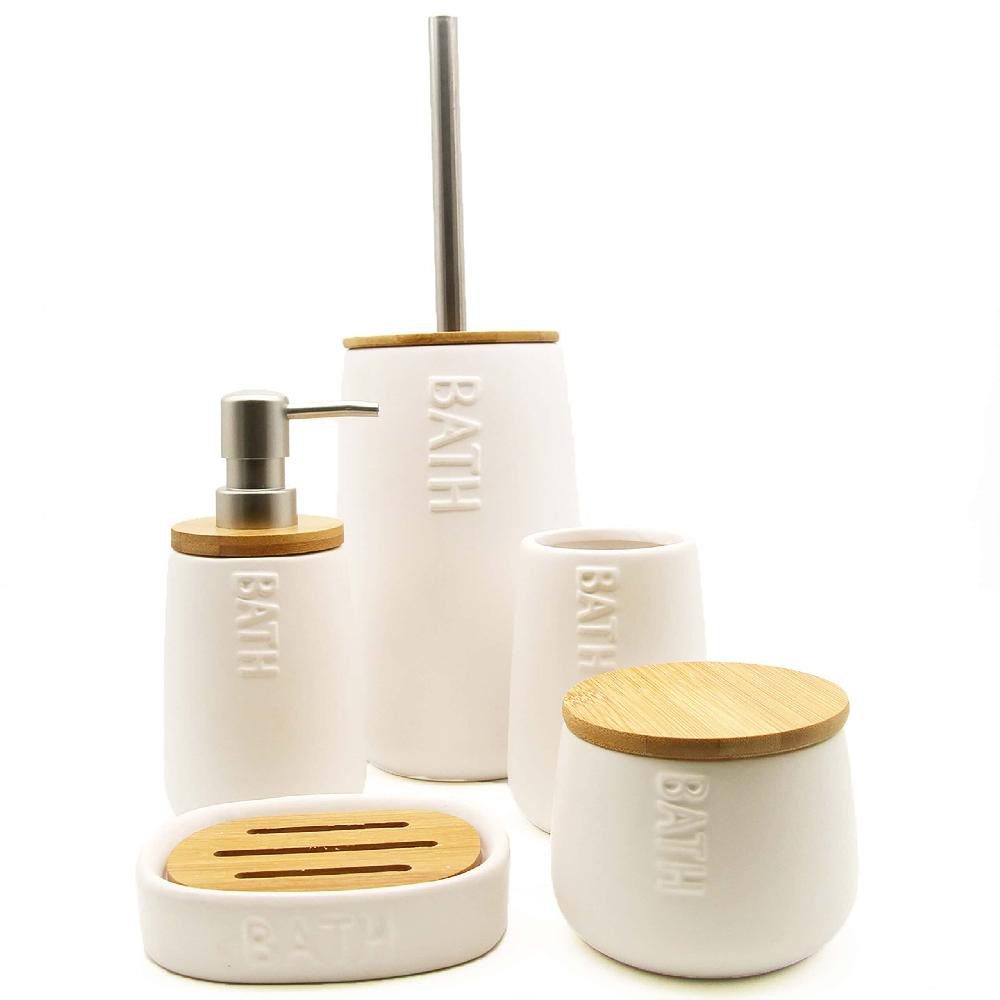 Evideco Bath D Dolomite Round Cotton Box White-Bamboo Top Bathroom Accessories Cosmetic & Vanity Organizers