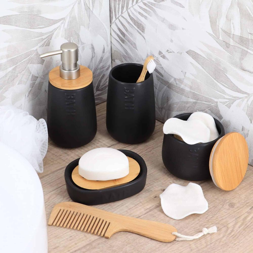 Evideco Bath D Soap Dish Cup Dispenser Black And Bamboo Tray Bathroom Accessories Soap Dishes