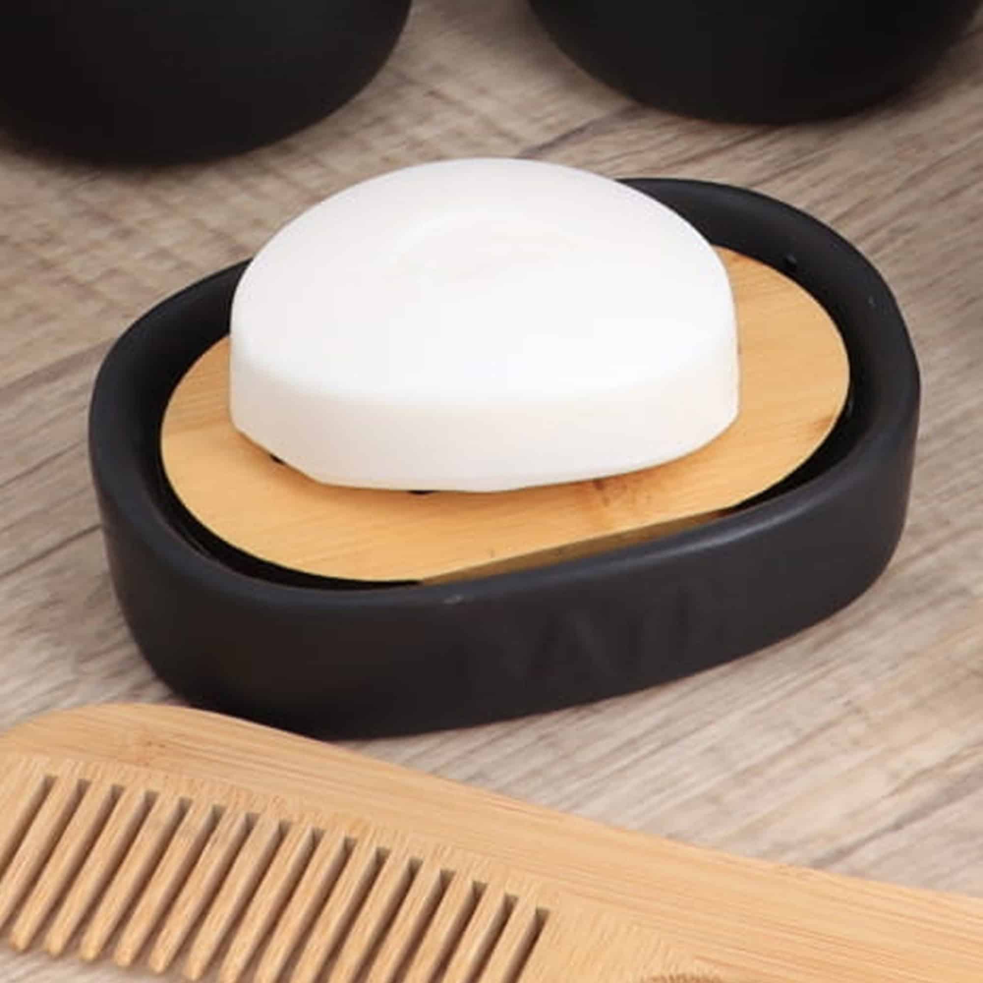 evideco Bath D Soap Dish Cup Dispenser Black and Bamboo Tray Bathroom Accessories Soap Dishes