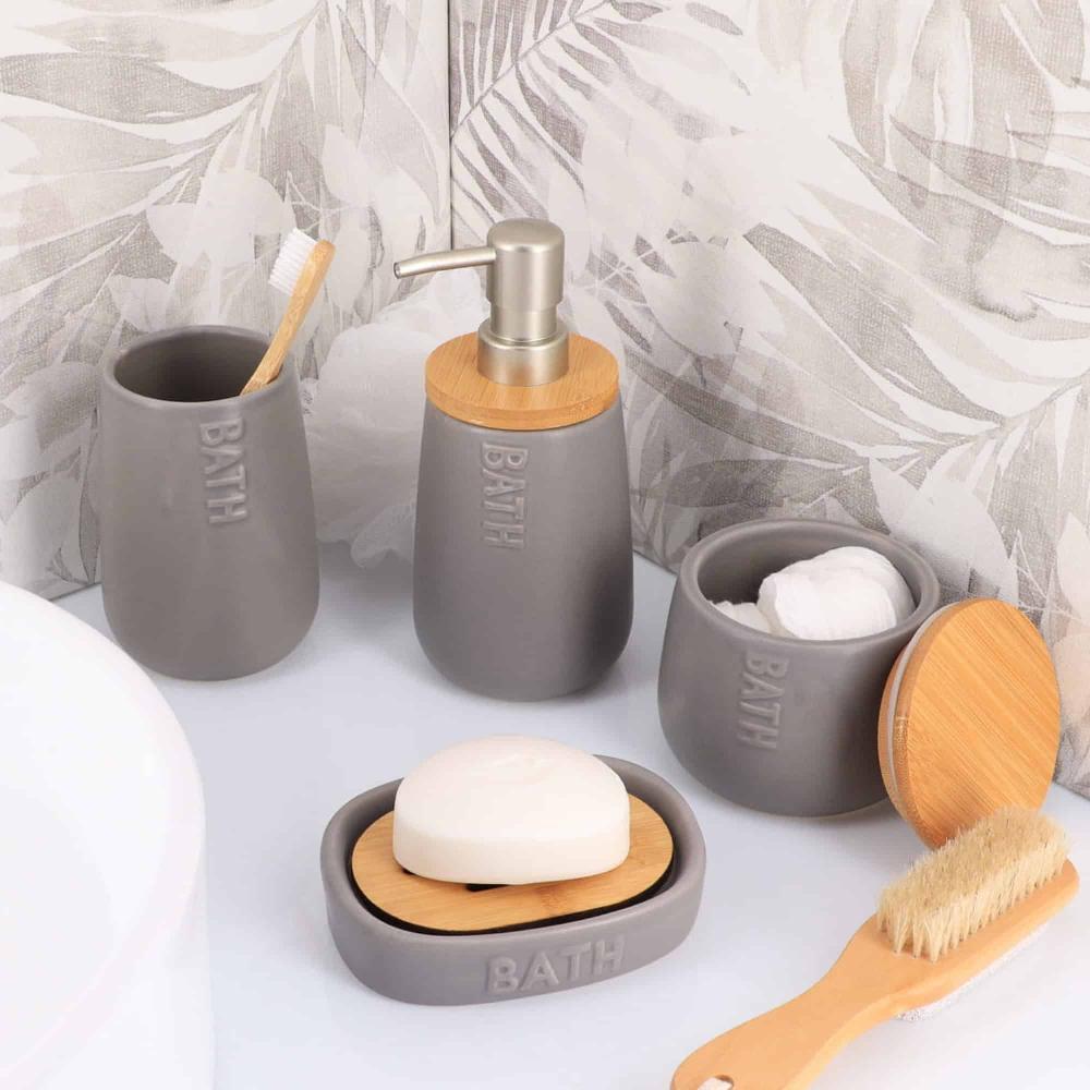 Evideco Bath D Soap Dish Cup Dispenser Grey And Bamboo Tray Bathroom Accessories Soap Dishes