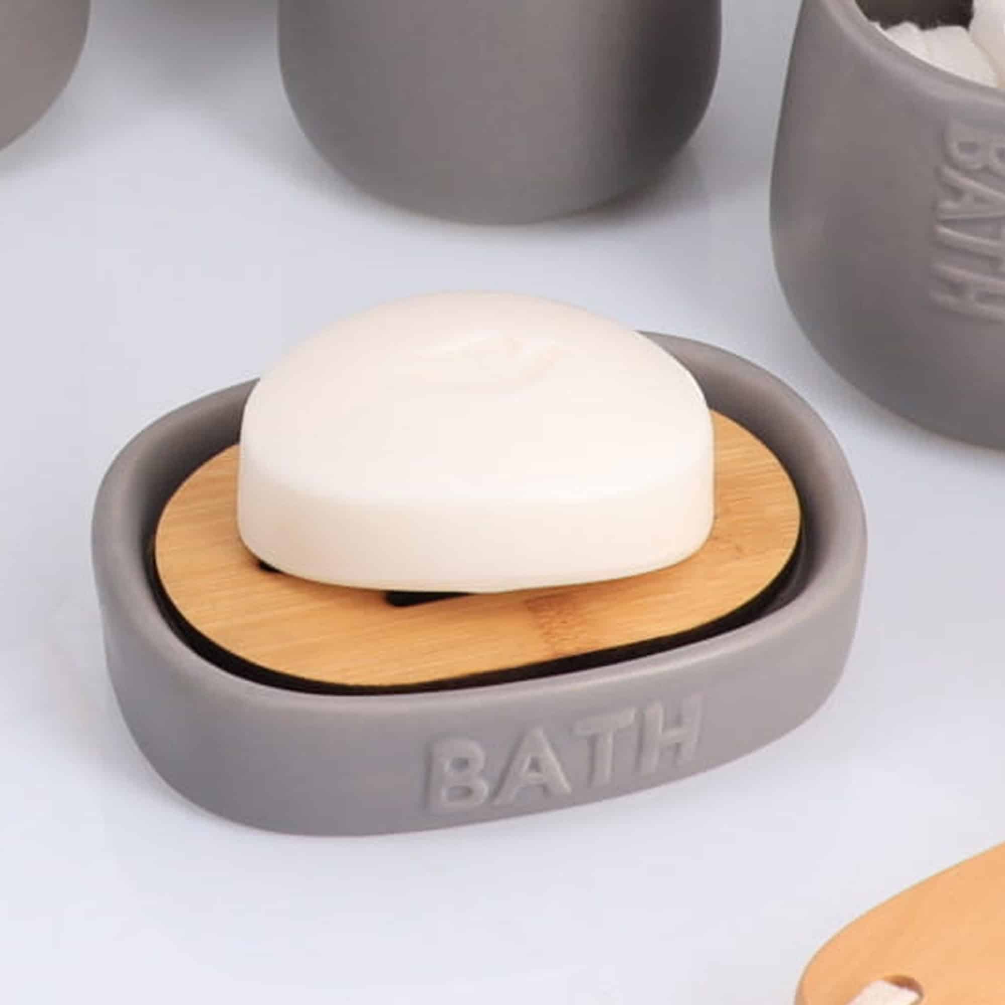 evideco Bath D Soap Dish Cup Dispenser Grey and Bamboo Tray Bathroom Accessories Soap Dishes