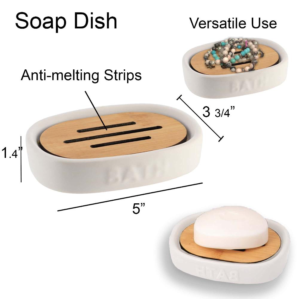 Evideco Bath D Soap Dish Cup Dispenser White And Bamboo Tray Bathroom Accessories Soap Dishes