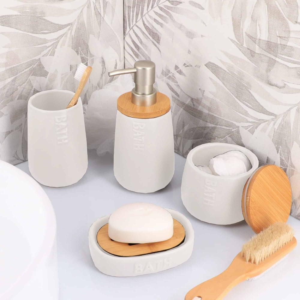 evideco Bath D Soap Dish Cup Dispenser White and Bamboo Tray Bathroom Accessories Soap Dishes