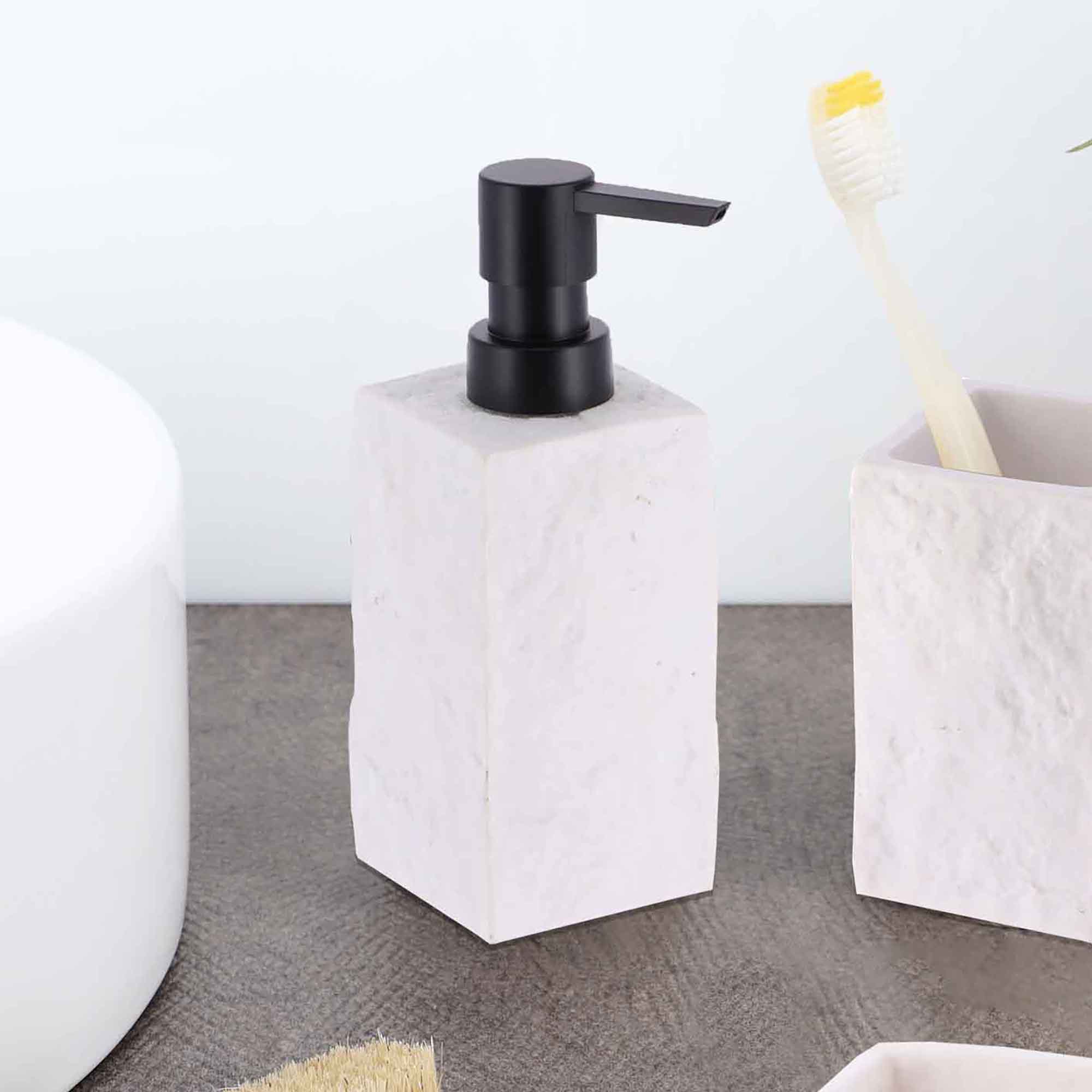 evideco Bath Square Resin Hand Soap & Lotion Dispenser Stone Effect 9 FL OZ White Bathroom Accessories Soap & Lotion Dispensers