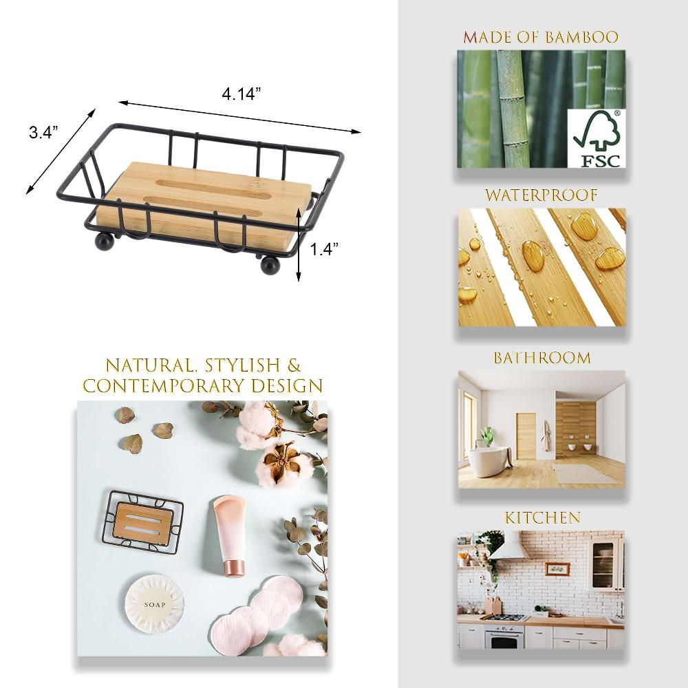 Evideco Bathroom Soap Dish Bamboo Tray Black Metal Wire Bathroom Accessories Soap Dishes