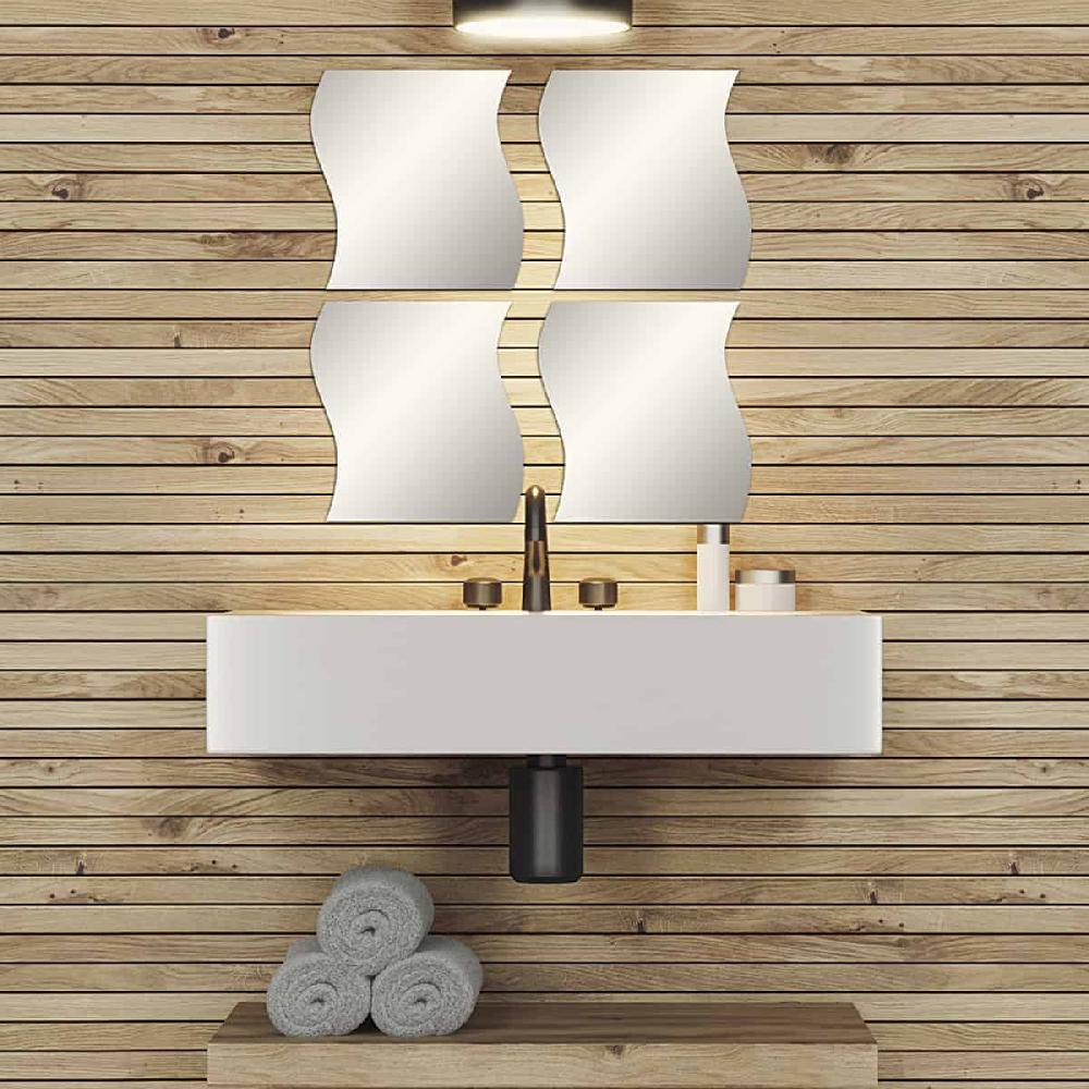 evideco Big Decorative Wall Self Adhesive Wavy Shaped Mirrors – Set of 4 Bathroom Accessories Adhesive Wall Mirrors