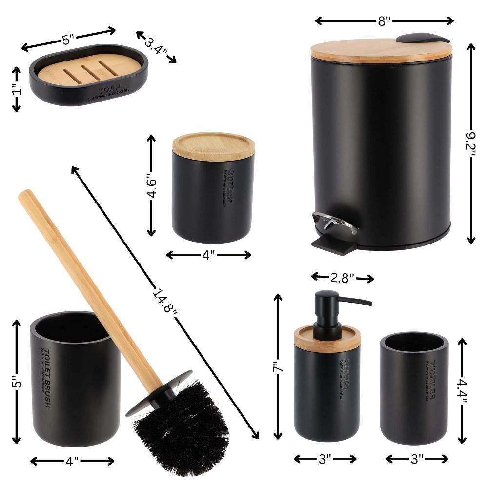 Evideco Black Bathroom Accessories With Natural Accents Modern 6-piece Set Bathroom Accessories Bath Coordinate Sets