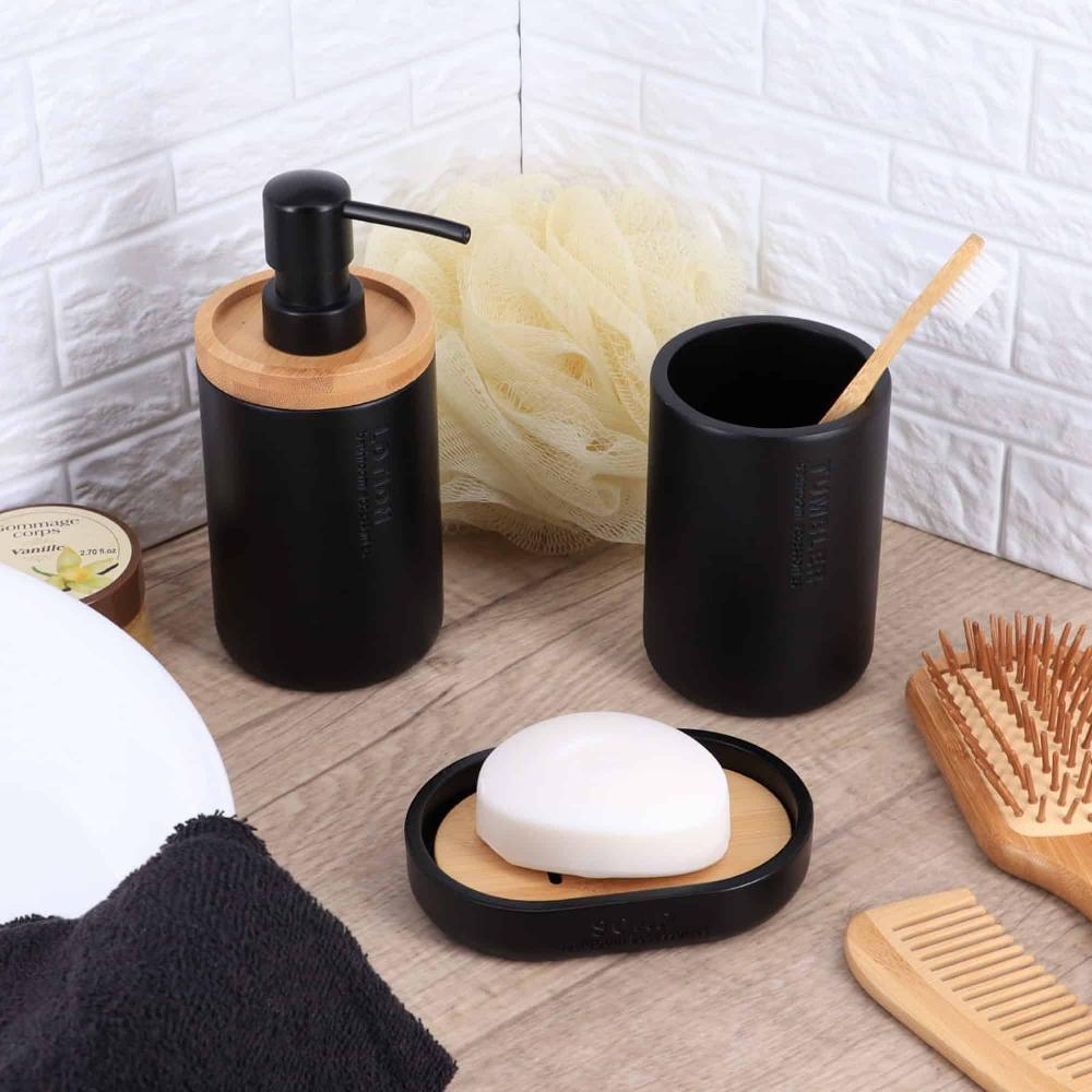 evideco Black Bathroom Accessories with Natural Accents Modern 6-piece Set Bathroom Accessories Bath Coordinate Sets