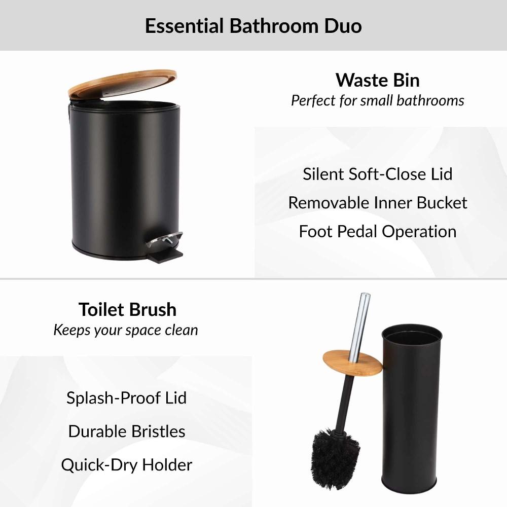 Evideco Black Bathroom Set With Bamboo Lid – Matte Metal Trash Can And Toilet Brush Bathroom Accessories Bath Coordinate Sets
