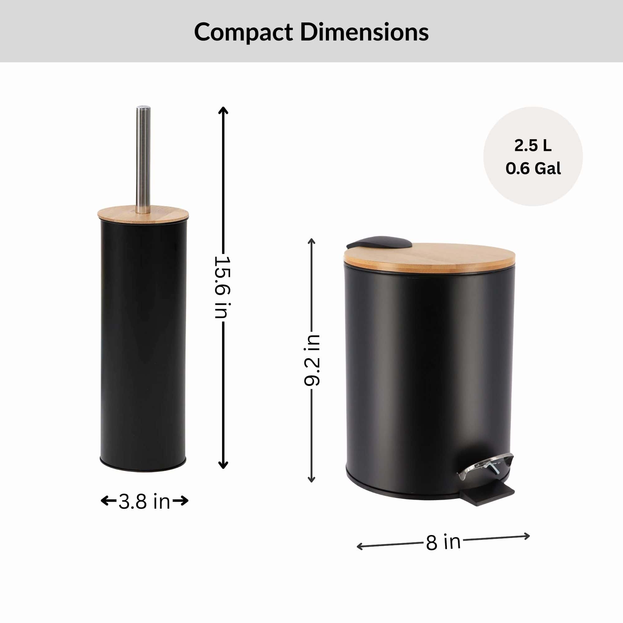 Evideco Black Bathroom Set With Bamboo Lid – Matte Metal Trash Can And Toilet Brush Bathroom Accessories Bath Coordinate Sets