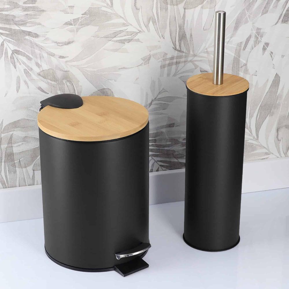 evideco Black Bathroom Set with Bamboo Lid – Matte Metal Trash Can and Toilet Brush Bathroom Accessories Bath Coordinate Sets