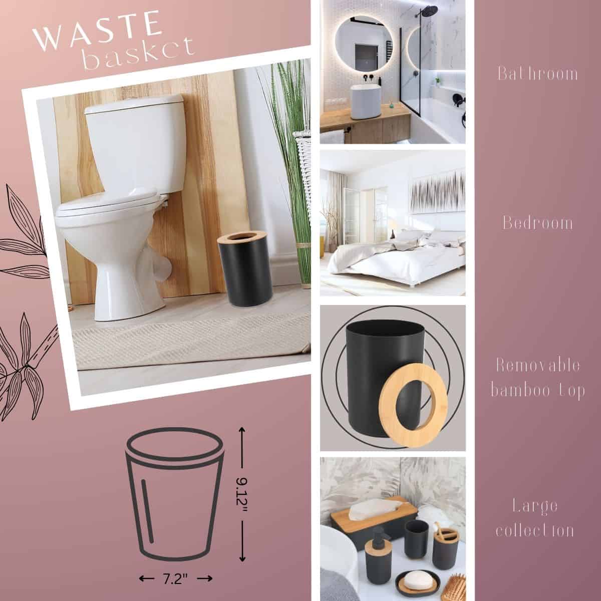 Evideco Black Bathroom Trash Can Padang Bamboo Top 1.3 Gal – Stylish And Sustainable 5L Waste Solution Toilet Seats & Accessories Toilet Wastebaskets Design & Solid