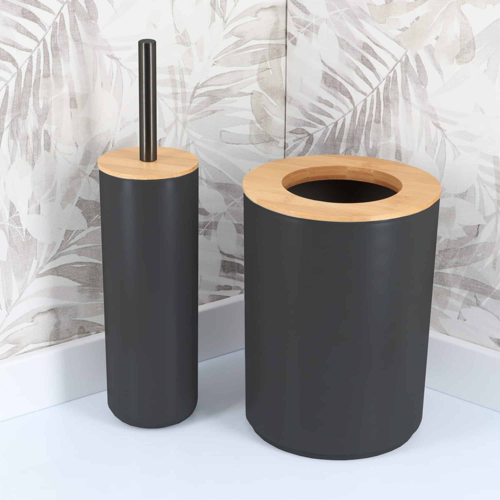 Evideco Black Bathroom Trash Can Padang Bamboo Top 1.3 Gal – Stylish And Sustainable 5L Waste Solution Toilet Seats & Accessories Toilet Wastebaskets Design & Solid