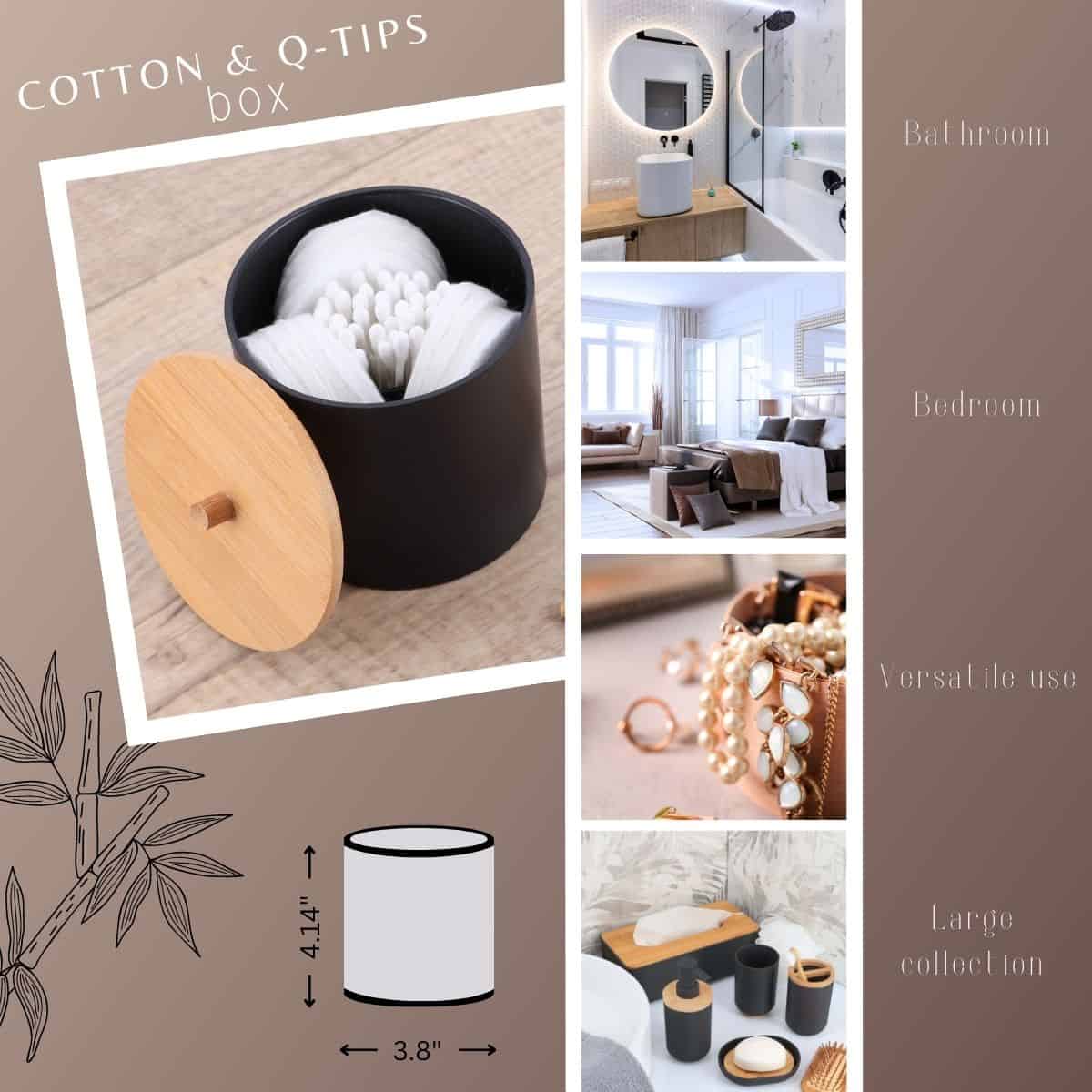 Evideco Black Cotton Pad And Q-Tip Holder Padang With Bamboo Top – Organize In Style Bathroom Vanity Organizer Bathroom Accessories Cosmetic & Vanity Organizers