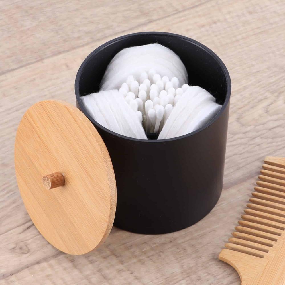 evideco Black Cotton Pad and Q-Tip Holder Padang with Bamboo Top – Organize in Style Bathroom Vanity Organizer Bathroom Accessories Cosmetic & Vanity Organizers