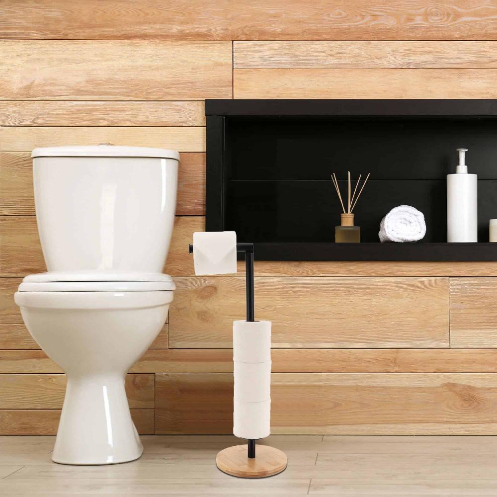 evideco Black Freestanding Toilet Paper Holder Stand with Bamboo Base Toilet Seats & Accessories Toilet Paper Holders & Dispensers