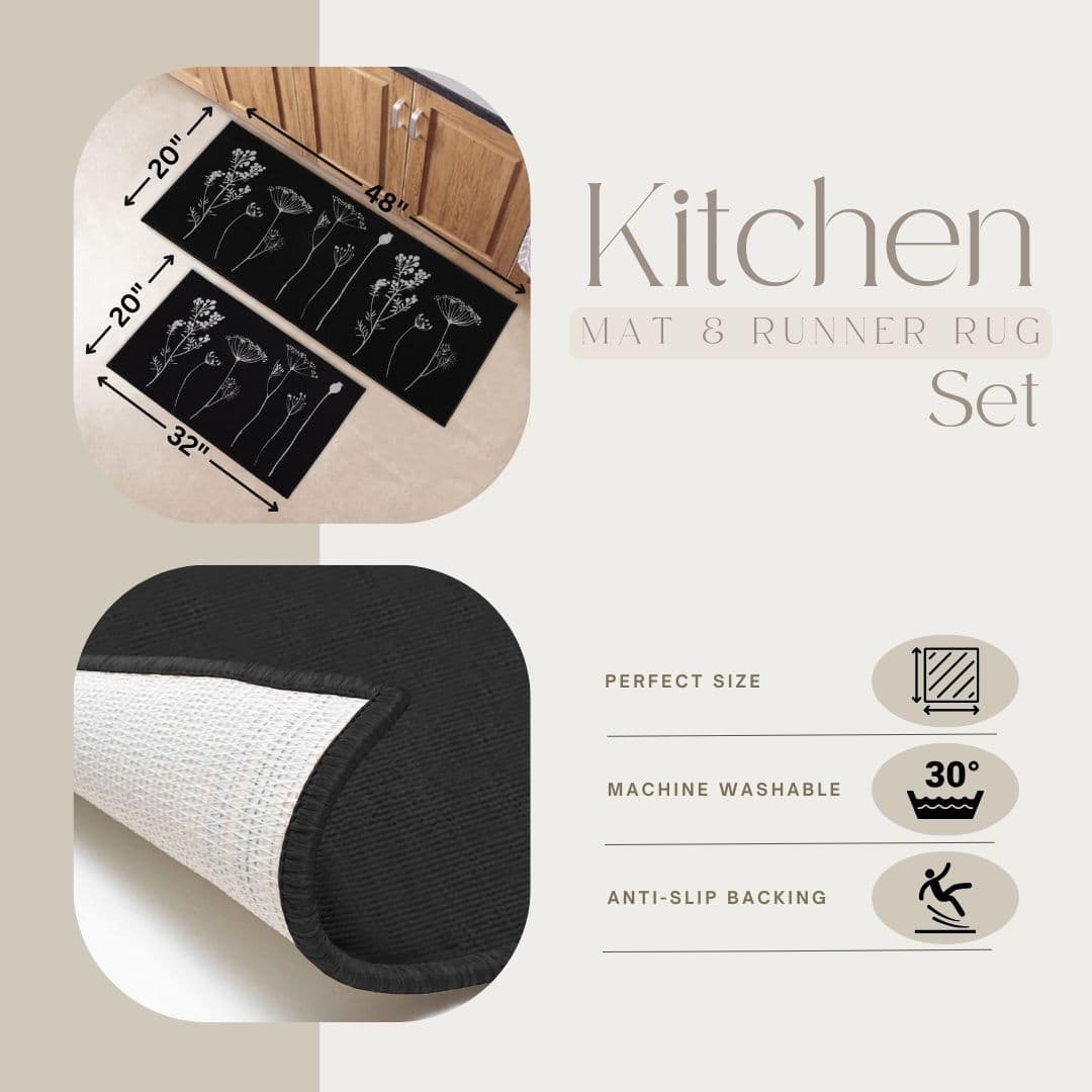 Evideco Black Gray Wool Effect Wildflowers Kitchen Mat & Runner Rug Set Of 2 Home Accessories Kitchen Mats