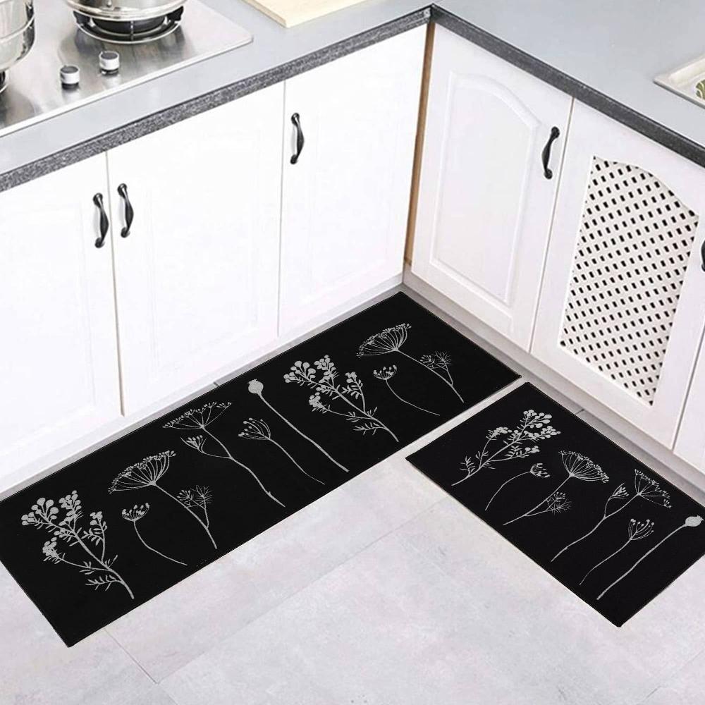 Evideco Black Gray Wool Effect Wildflowers Kitchen Mat & Runner Rug Set Of 2 Home Accessories Kitchen Mats