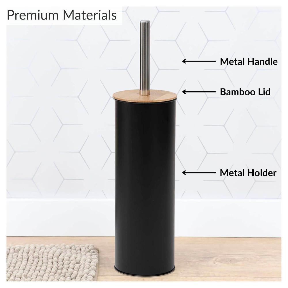 Evideco Black Metal Toilet Brush And Holder Set With Bamboo Lid Toilet Seats & Accessories Toilet Brushes