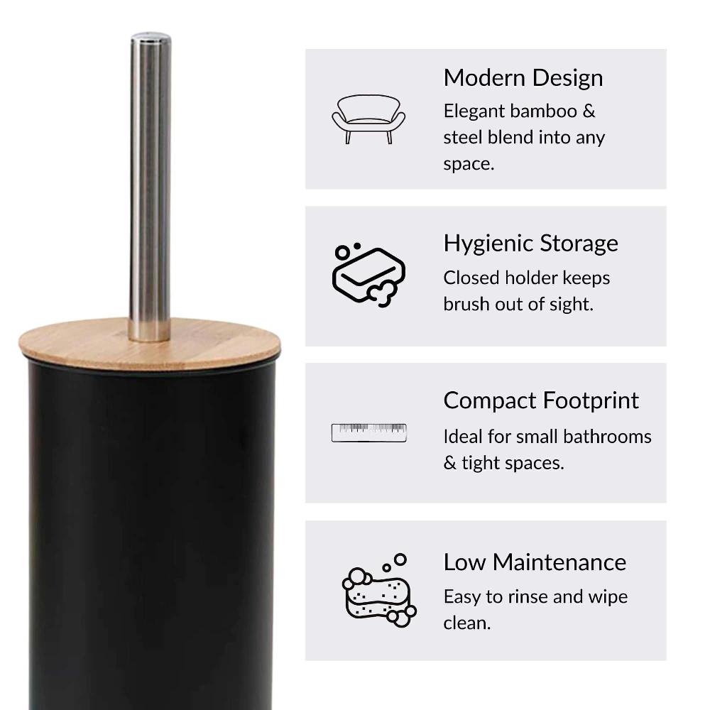 Evideco Black Metal Toilet Brush And Holder Set With Bamboo Lid Toilet Seats & Accessories Toilet Brushes