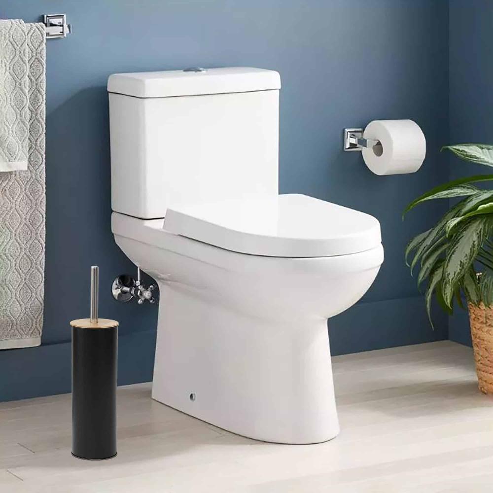 evideco Black Metal Toilet Brush and Holder Set With Bamboo Lid Toilet Seats & Accessories Toilet Brushes