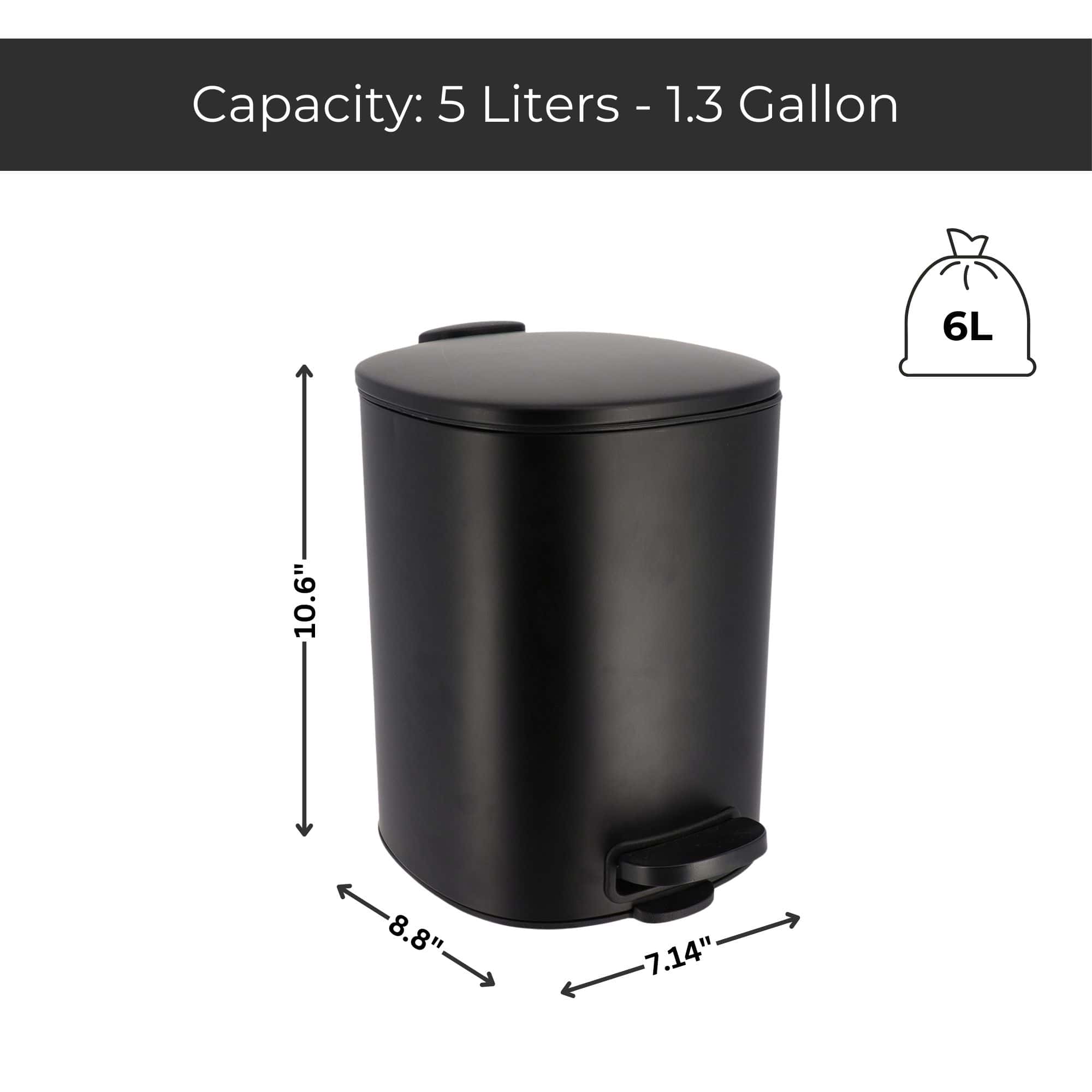 Evideco Black Metal Trash Can With Silent Soft Close Lid 5L – 1.3 Gal Capacity Foot Pedal For Hands-Free Operation Modern Square Design Toilet Seats & Accessories Toilet Wastebaskets Design & Solid