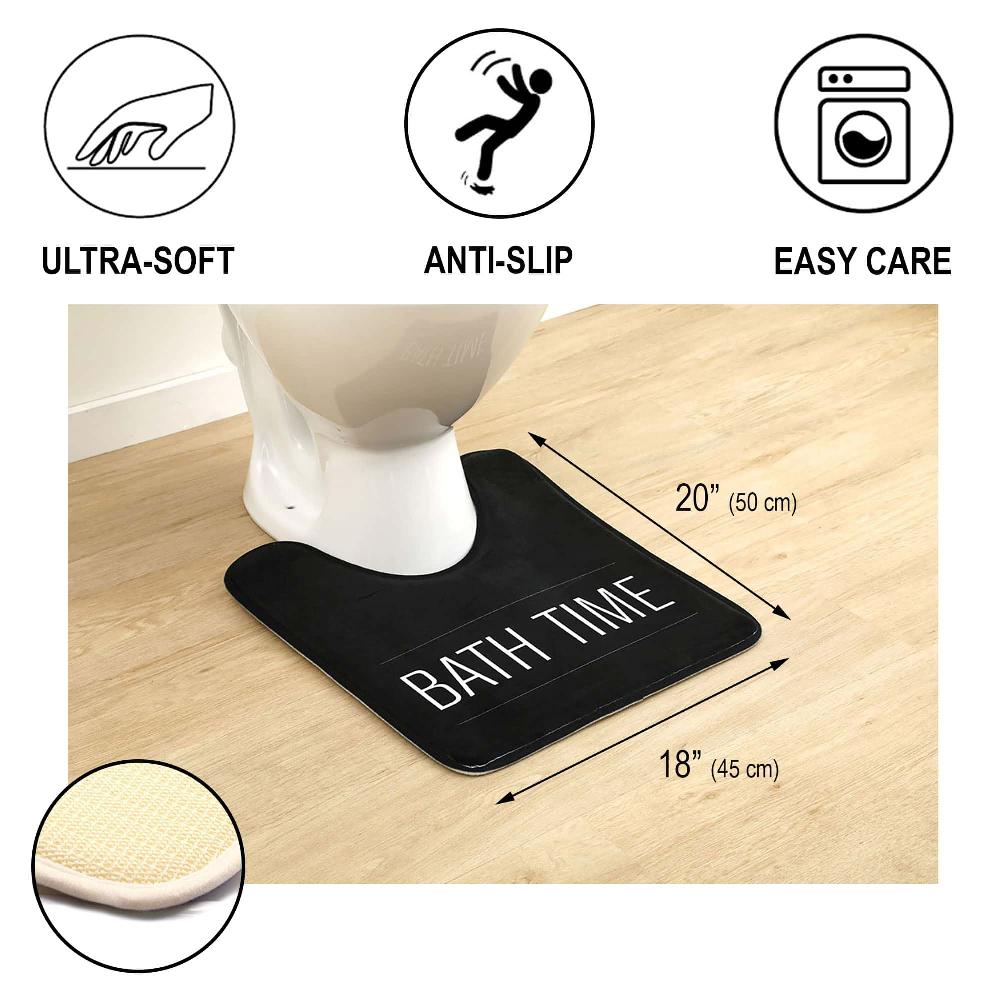 Evideco Black Microfiber Contour Bath Rug – 20 X 18 Inches – Non-Slip Design And Stylish ‘Bath Time’ Print Bathroom Mats & Rugs Toilet Contour Rugs