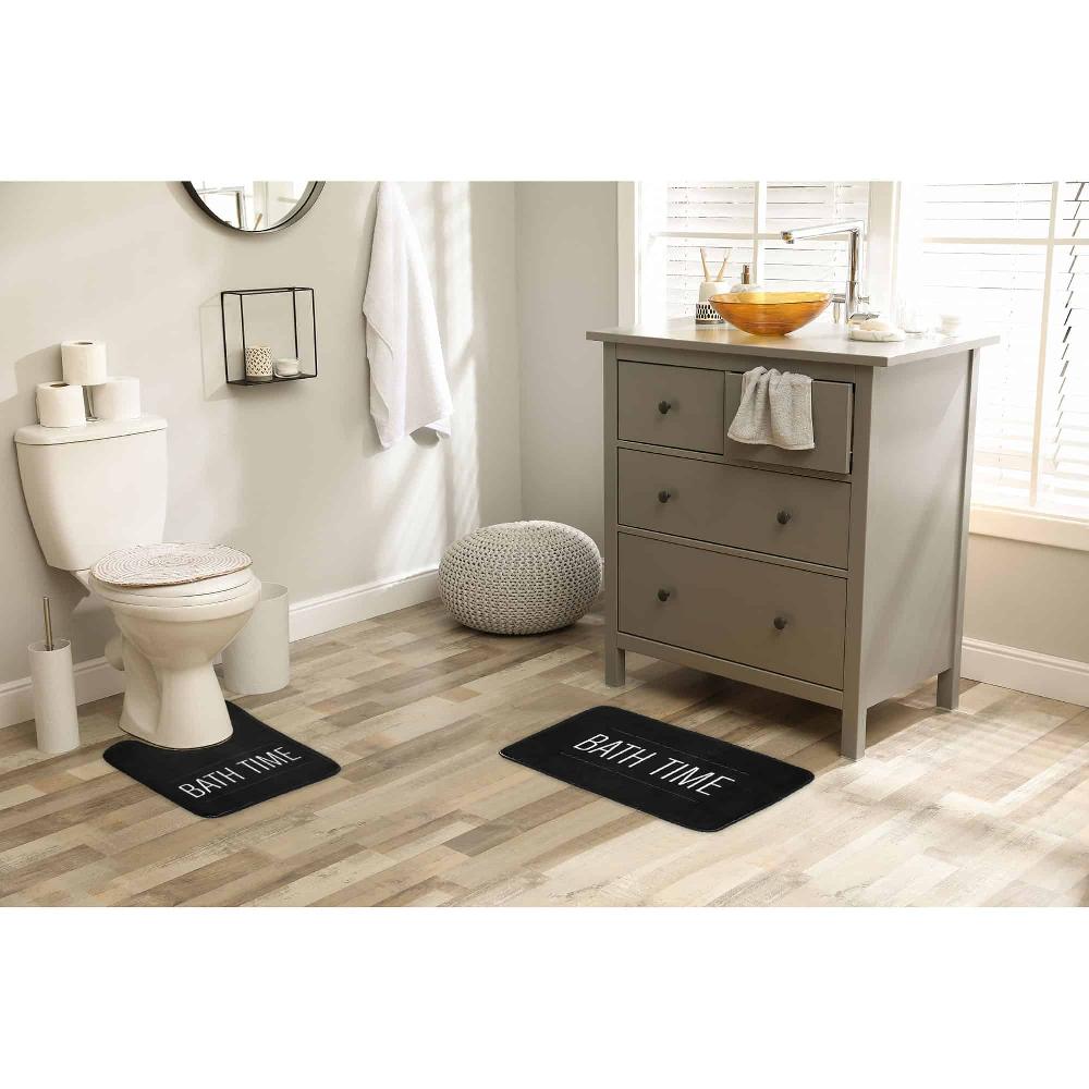 Evideco Black Microfiber Contour Bath Rug – 20 X 18 Inches – Non-Slip Design And Stylish ‘Bath Time’ Print Bathroom Mats & Rugs Toilet Contour Rugs