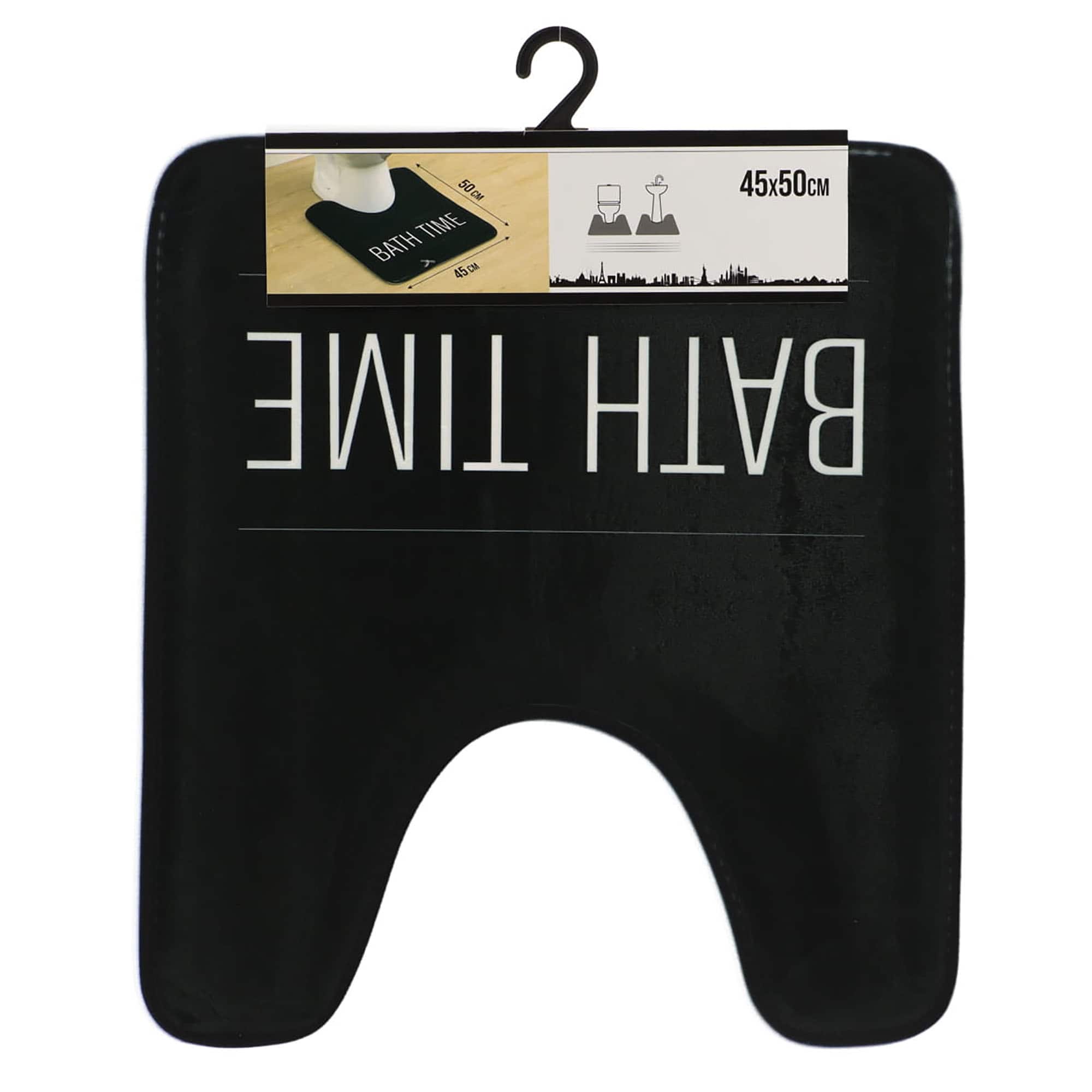 Evideco Black Microfiber Contour Bath Rug – 20 X 18 Inches – Non-Slip Design And Stylish ‘Bath Time’ Print Bathroom Mats & Rugs Toilet Contour Rugs