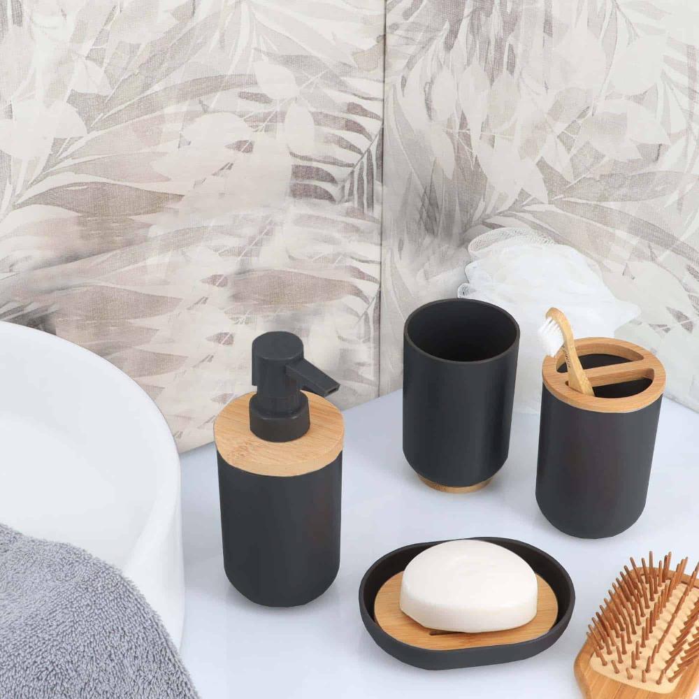 evideco Black Padang Bathroom Accessory Set 6-Pieces Bamboo Bathroom Accessories Bath Coordinate Sets