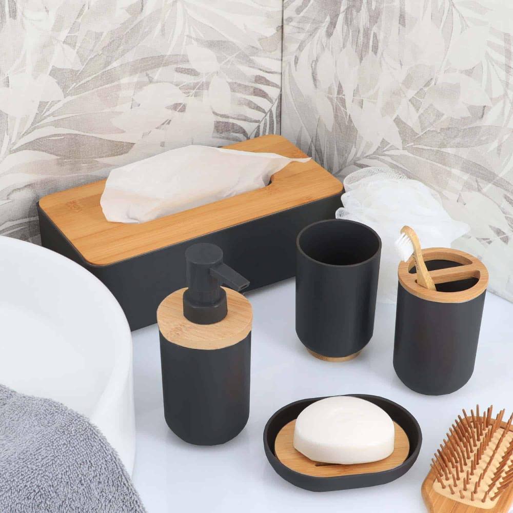 evideco Black Padang Bathroom Accessory Set 7-Pieces Bamboo Bathroom Accessories Bath Coordinate Sets