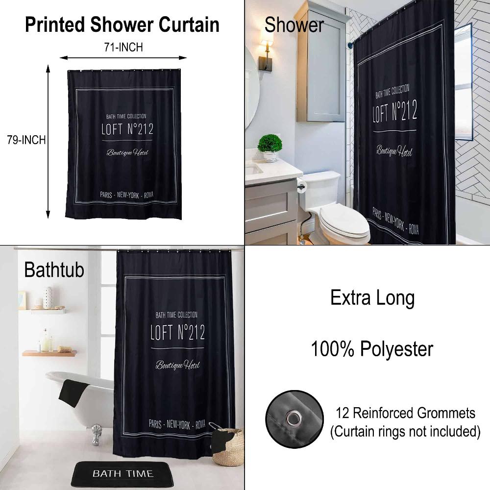 Evideco Black Polyester Shower Curtain – 79×71 Inches – White Writing Design Shower Accessories Shower Curtains
