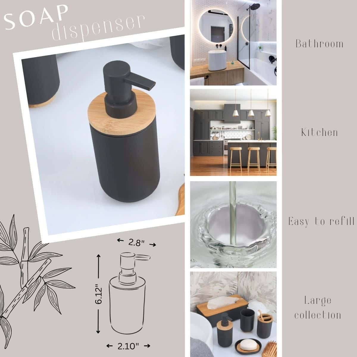 Evideco Black Soap And Lotion Pump Dispenser Padang With Bamboo Top – 10 Fl Oz – Perfect For Kitchen And Bathroom Countertops Bathroom Accessories Soap & Lotion Dispensers