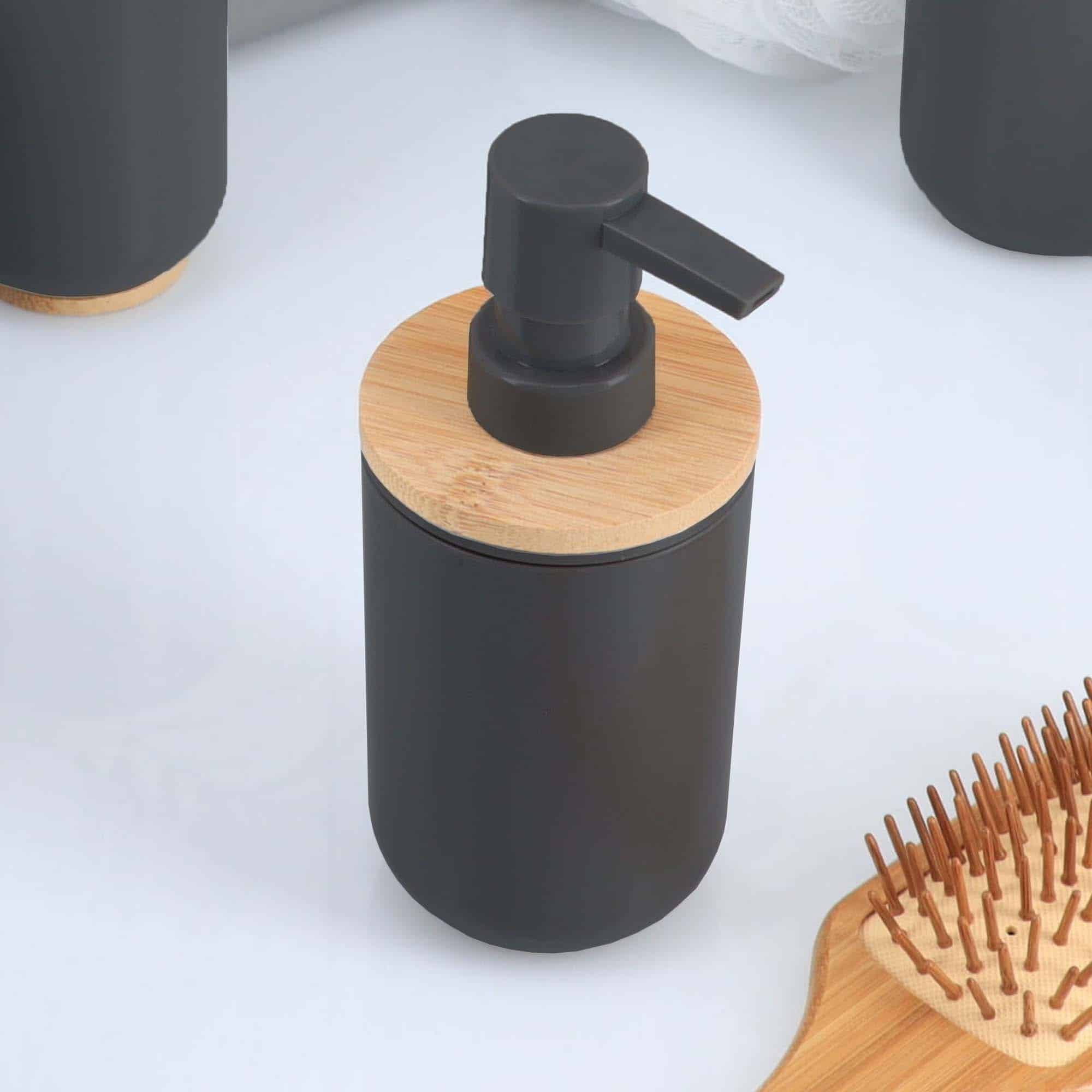 Evideco Black Soap And Lotion Pump Dispenser Padang With Bamboo Top – 10 Fl Oz – Perfect For Kitchen And Bathroom Countertops Bathroom Accessories Soap & Lotion Dispensers