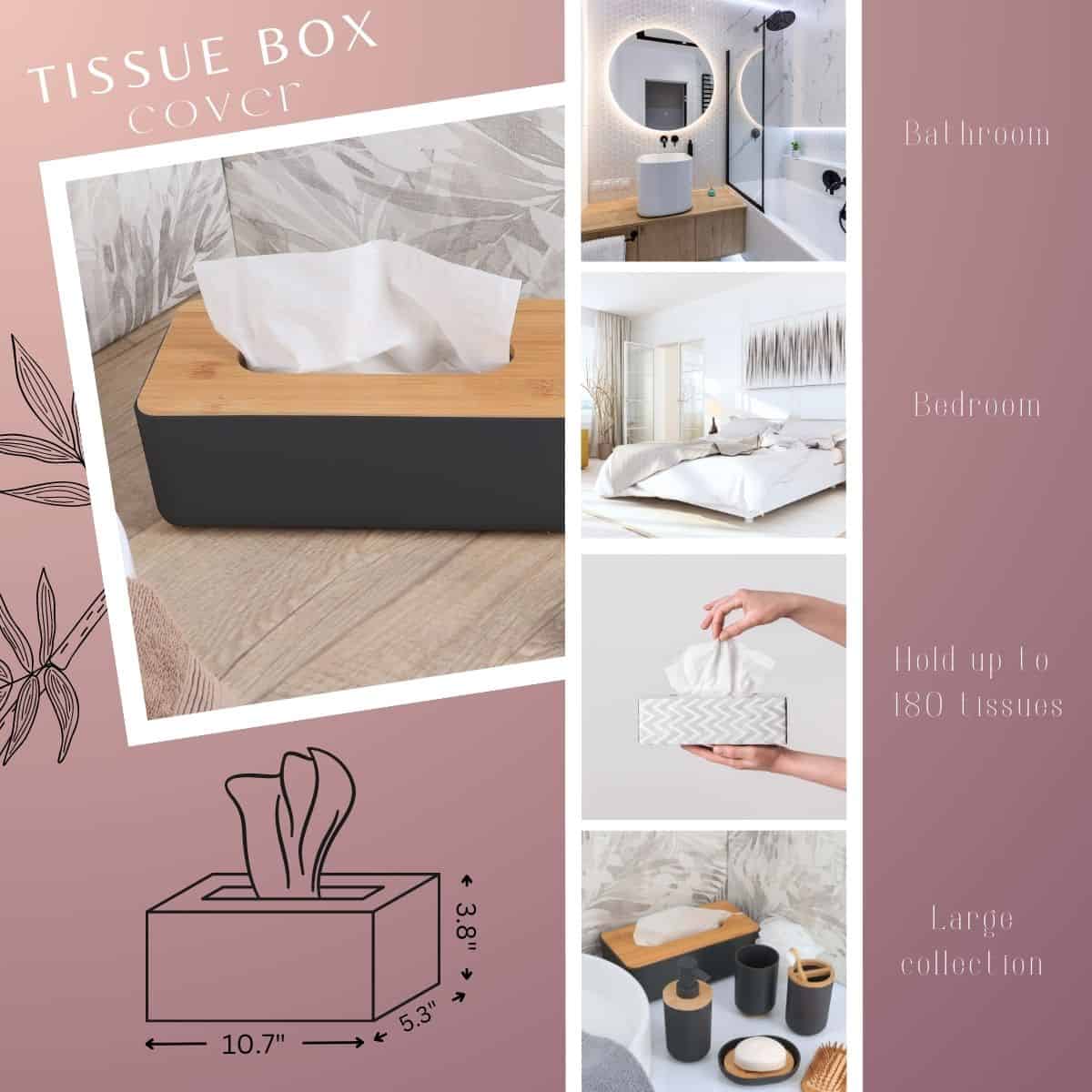 Evideco Black Tissue Box Cover Padang With Bamboo Top – Elegant Design For Home And Office – Enhance Décor And Organization Bathroom Accessories Cosmetic & Vanity Organizers