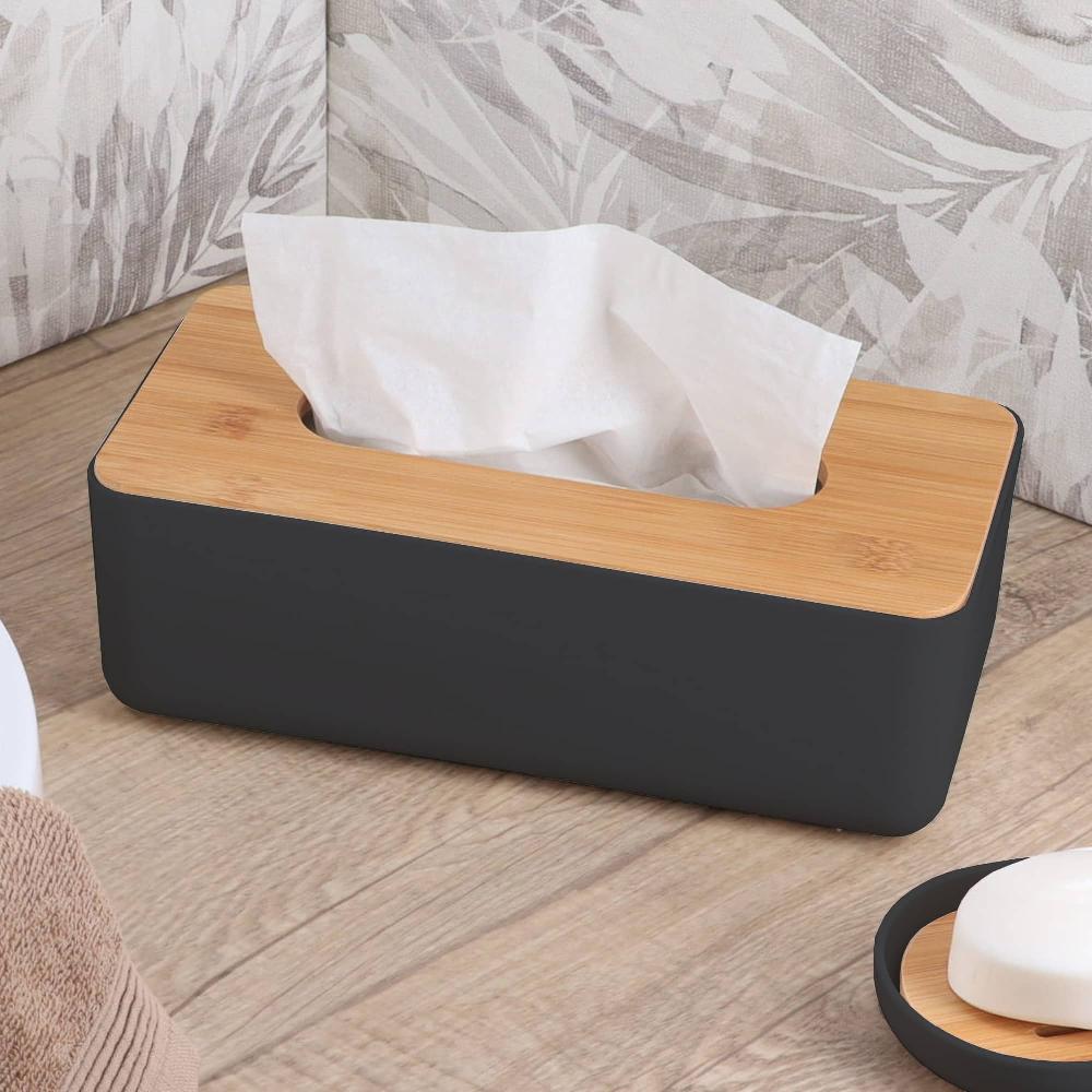 Evideco Black Tissue Box Cover Padang With Bamboo Top – Elegant Design For Home And Office – Enhance Décor And Organization Bathroom Accessories Cosmetic & Vanity Organizers