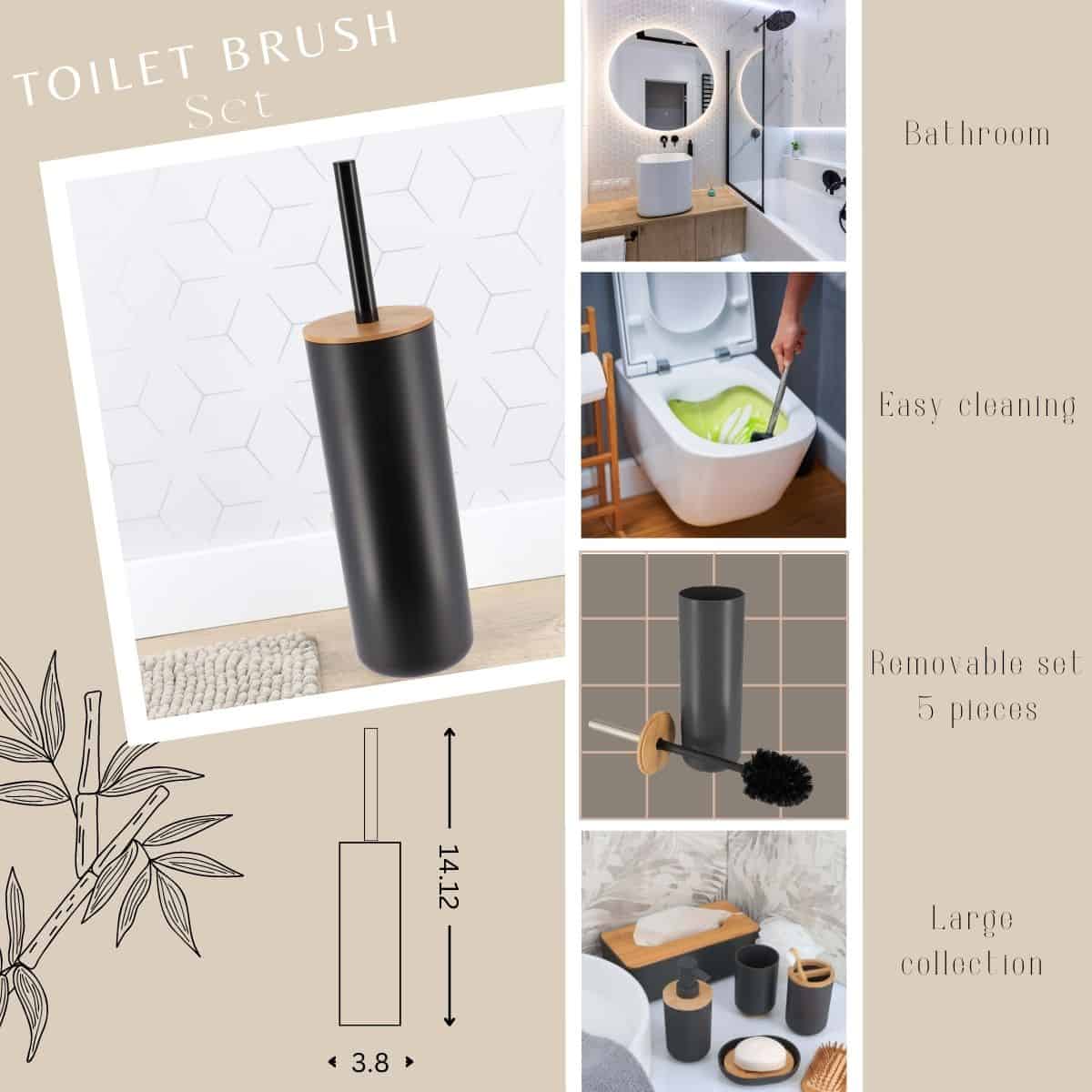 Evideco Black Toilet Brush And Holder Set Padang With Bamboo Top – Stylish Bathroom Cleaning Solution For Modern Homes Toilet Seats & Accessories Toilet Brushes