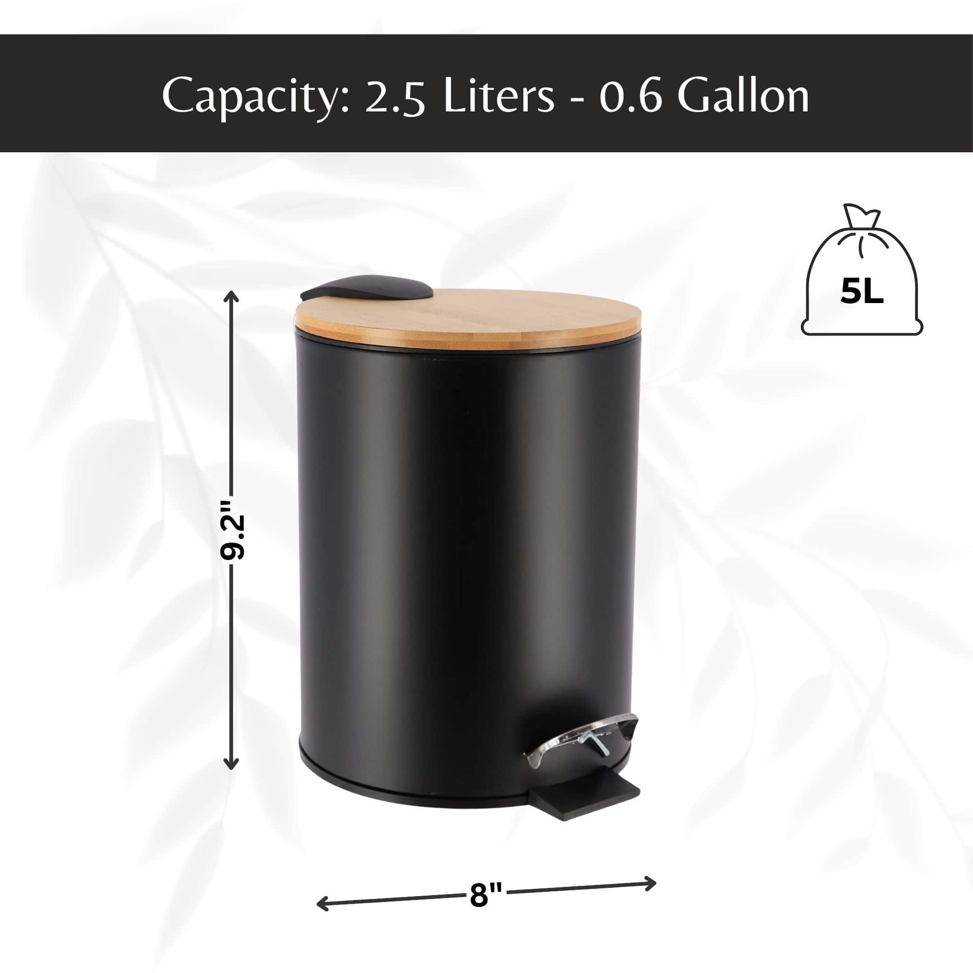 Evideco Black Trash Can With Bamboo Lid And Pedal 2.5L Capacity Toilet Seats & Accessories Toilet Wastebaskets Design & Solid