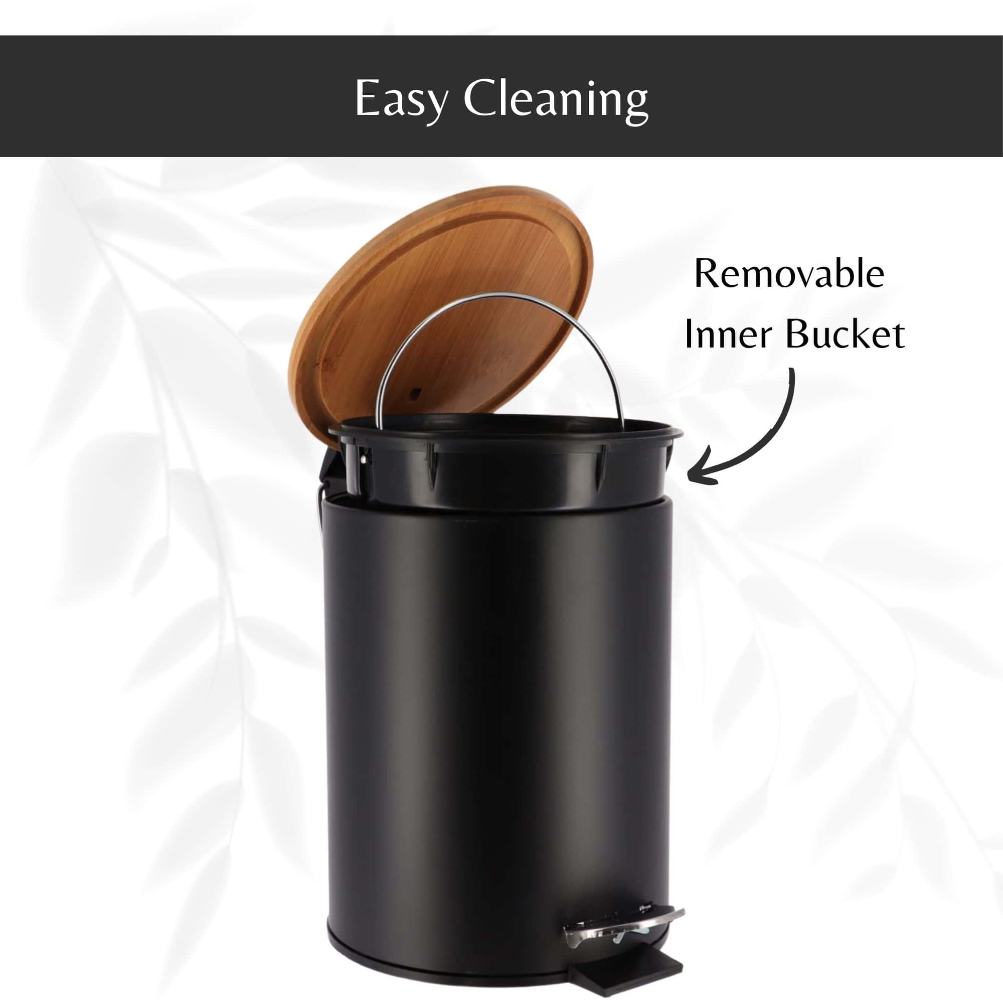 Evideco Black Trash Can With Bamboo Lid And Pedal 2.5L Capacity Toilet Seats & Accessories Toilet Wastebaskets Design & Solid