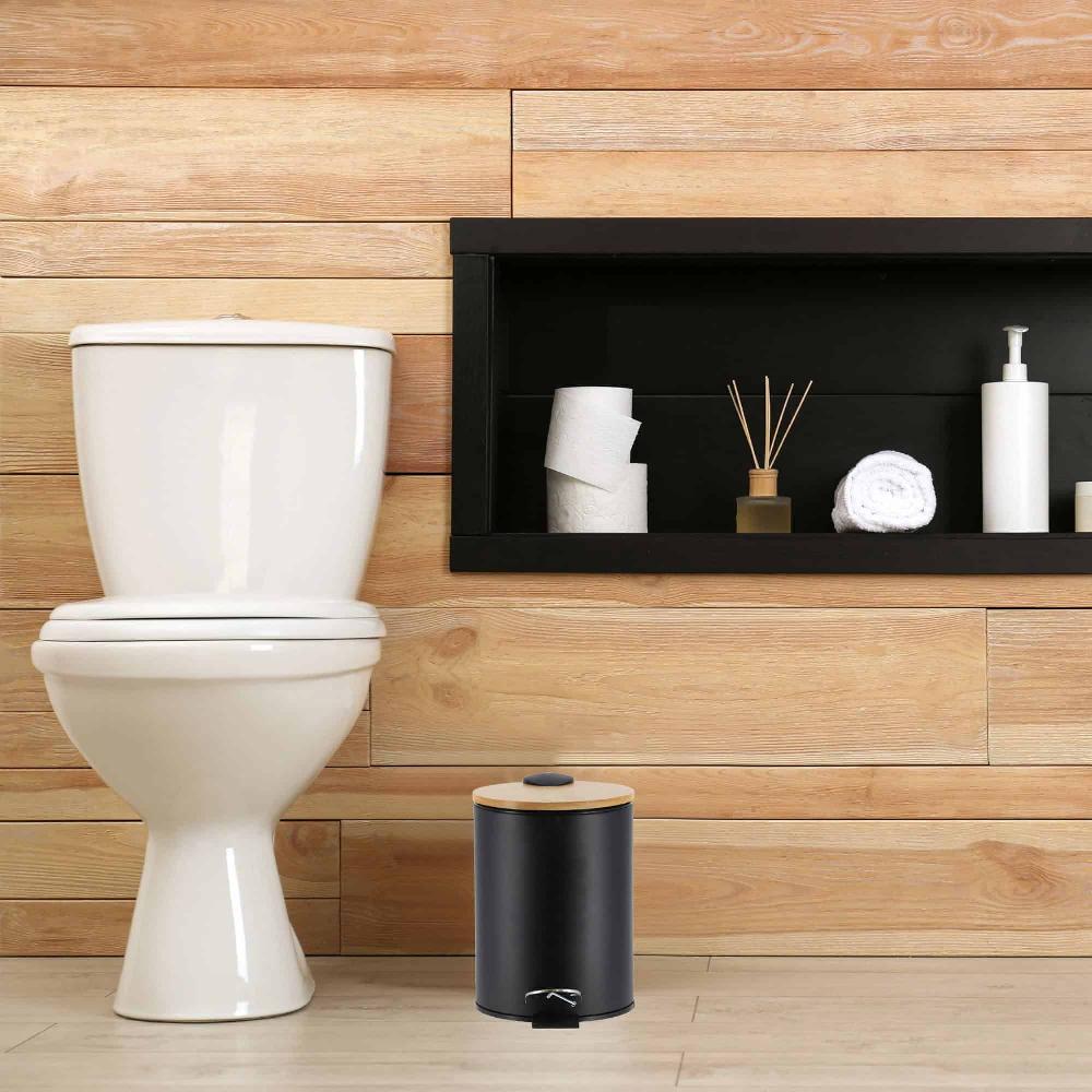 Evideco Black Trash Can With Bamboo Lid And Pedal 2.5L Capacity Toilet Seats & Accessories Toilet Wastebaskets Design & Solid