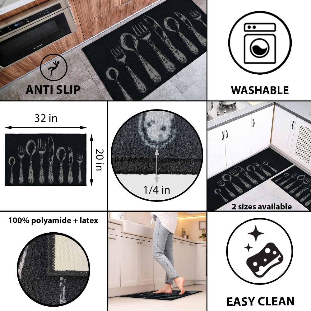 Evideco Black Wool-Effect Kitchen Mat With Chic Cutlery Print 32 X 20 Inches Home Accessories Kitchen Mats