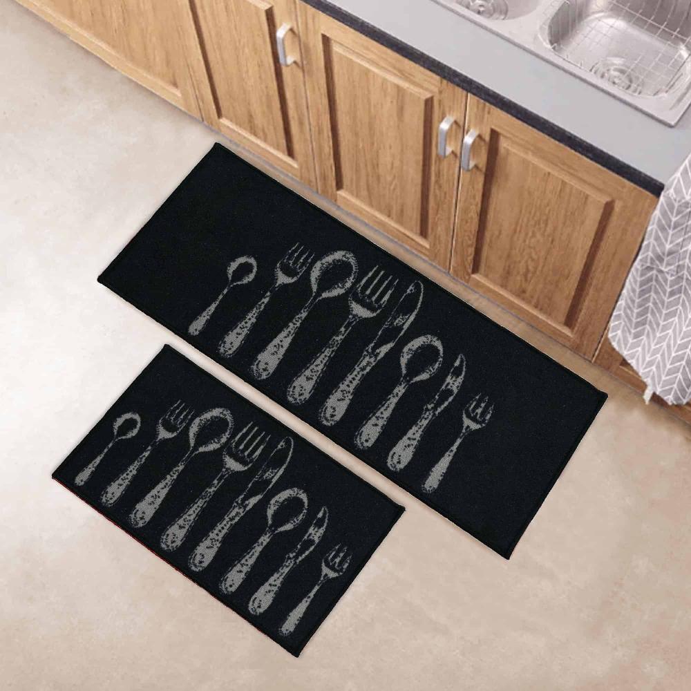 Evideco Black Wool-Effect Kitchen Mat With Chic Cutlery Print 32 X 20 Inches Home Accessories Kitchen Mats