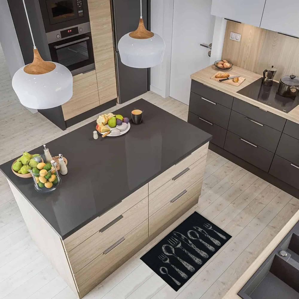 evideco Black Wool-Effect Kitchen Mat with Chic Cutlery Print 32 x 20 Inches Home Accessories Kitchen Mats